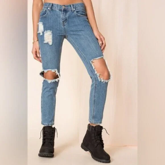 Superdown Revolve Angie Girlfriend Jeans Straight Leg Wash Blue High rise 25 - Picture 10 of 15